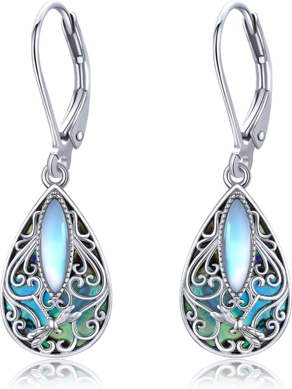 Sterling Silver Dragonfly Filigree Teardrop Earrings with Abalone Shell Dangle